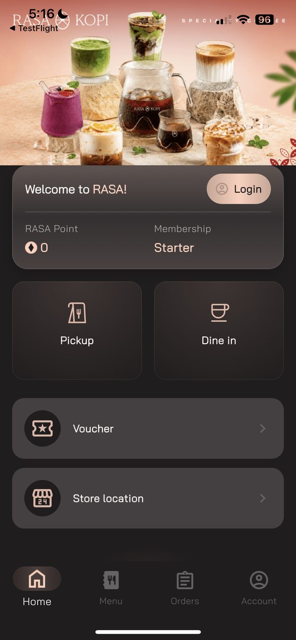 RASA app home screen with pickup and dine-in options