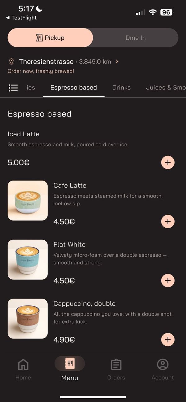 Espresso-based drinks menu