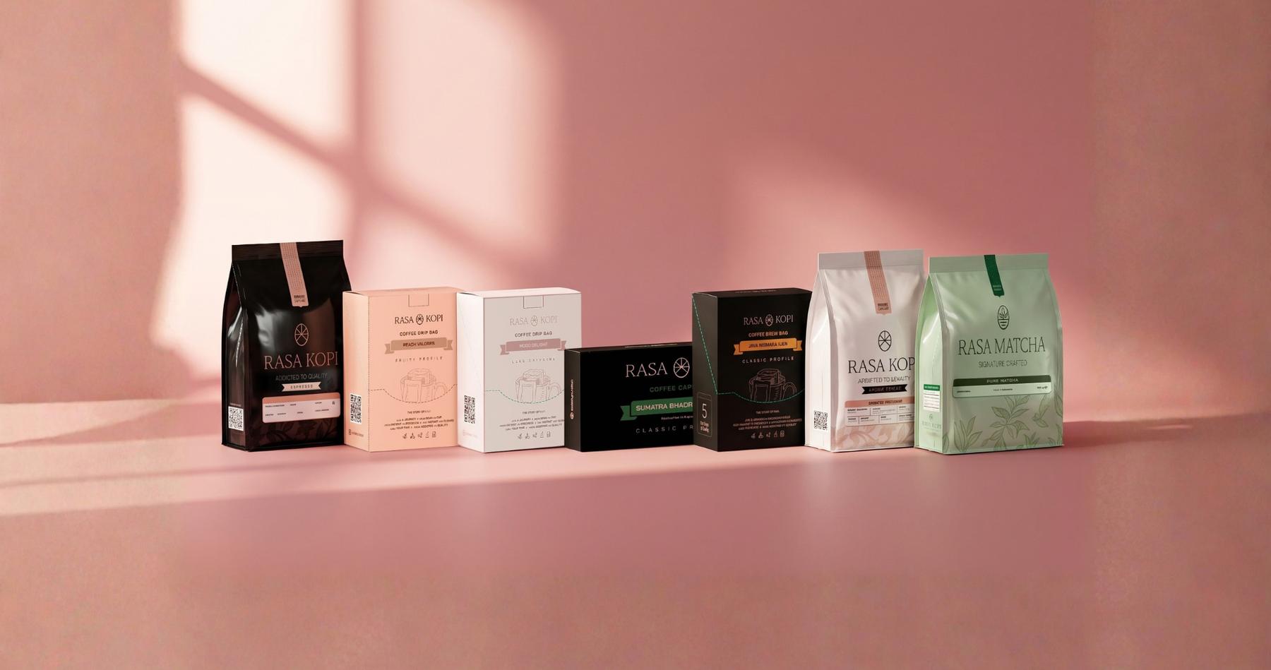 The RASA KOPI retail range: coffee bags, brew bag boxes, capsules and RASA MATCHA