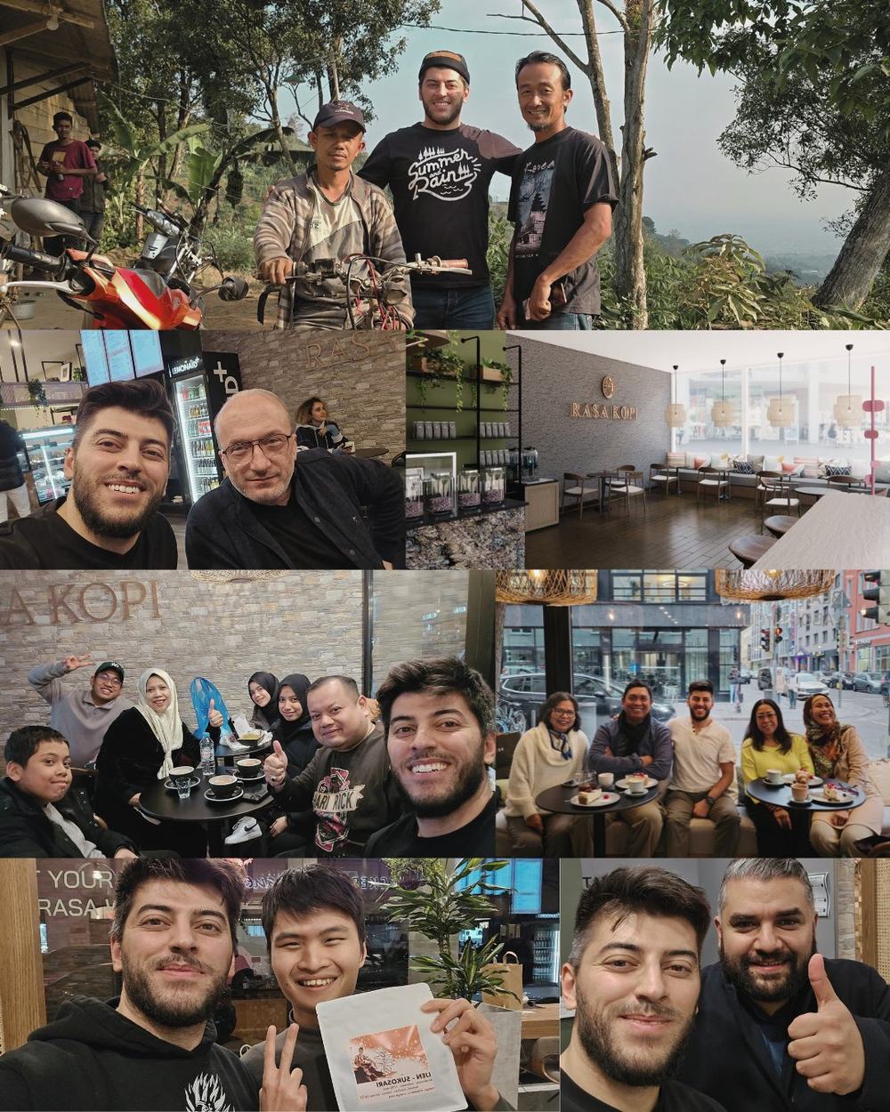 Collage of the RASA team and partners at cafés and on sourcing trips
