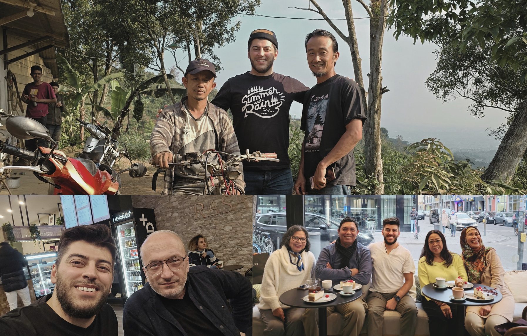 Osman with coffee farmers in Indonesia, in a RASA KOPI café, and with partners in Munich